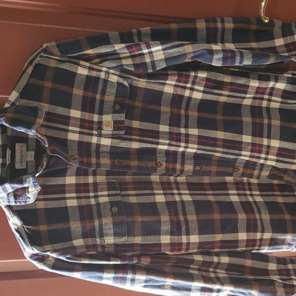 Carhartt  original fit Navy plaid flannel button down shirt 100 & cotton  Small - Picture 1 of 9